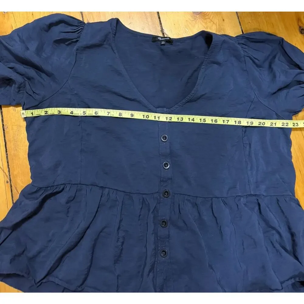 MADEWELL Woman’s Navy Blue Drapeweave Puff Sleeve Blouse Button Down Size XXL